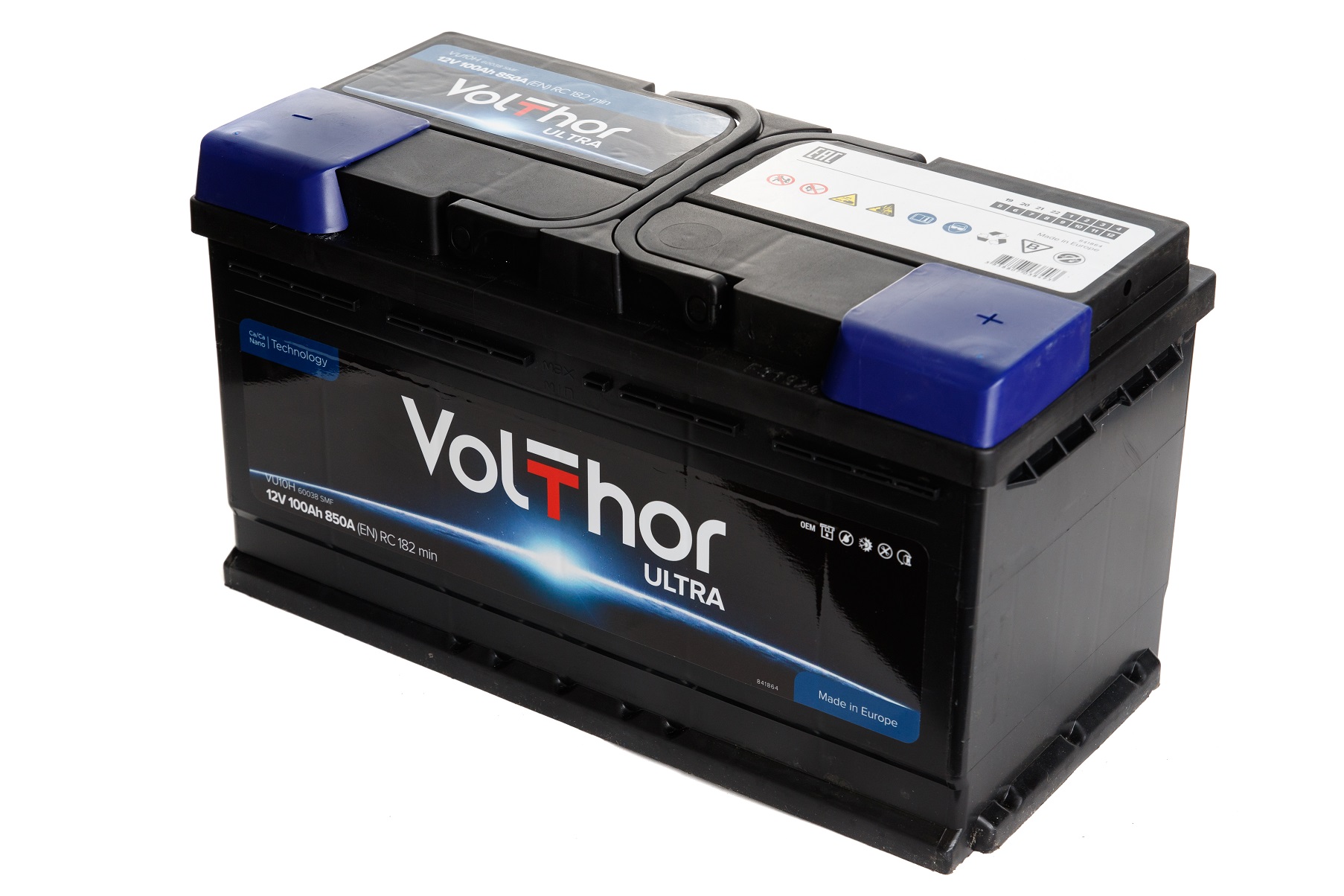 Акумулятор легковий VOLTHOR 6СТ-100(0) (850А) ULTRA 12B, 100Ah, 850A, плюс праворуч (R+) кальцієвий (Ca/Ca) 353X175X190 мм (301400)